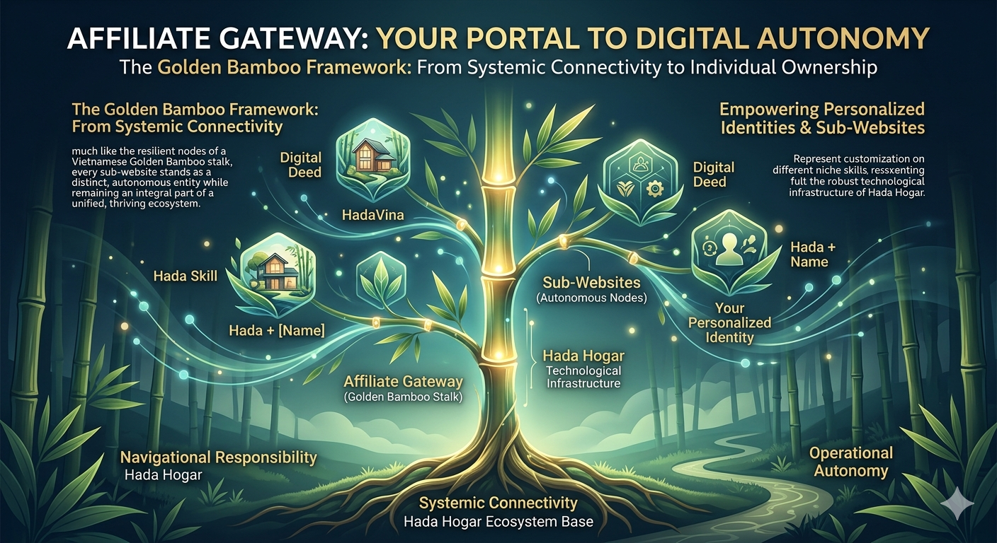 Sơ đồ hệ sinh thái Hada mô phỏng hình tượng Cây Tre Vàng, minh họa mô hình Affiliate Gateway kết nối hadahogar.com, hadavina.com và các sub-website thành viên, thể hiện sự kết nối hệ thống và quyền tự chủ kỹ thuật số của cá nhân.