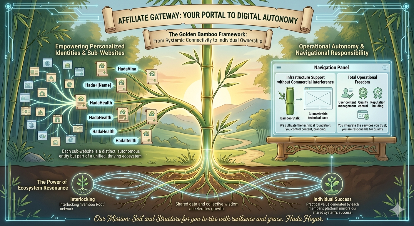 Hada Hogar Affiliate Gateway portal connecting autonomous identities with a shared root system and non-commercial infrastructure.