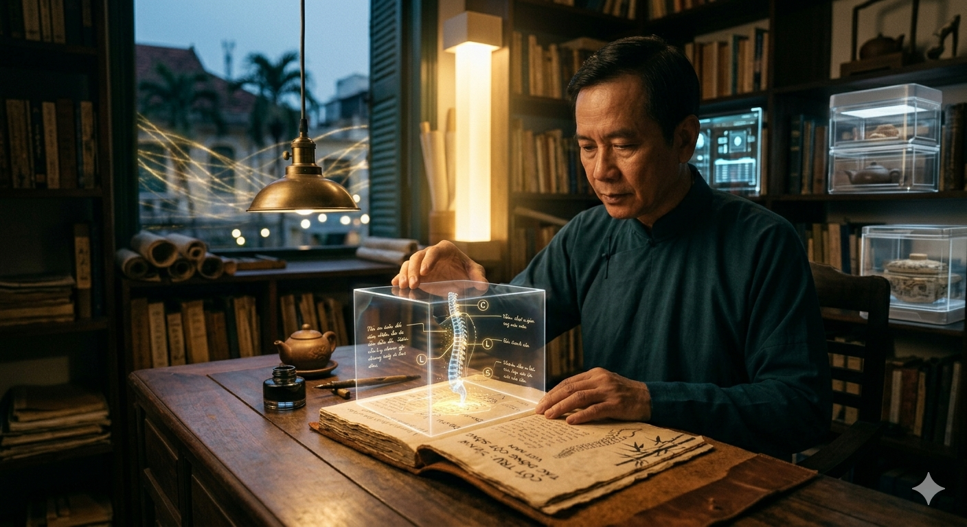 HadaSpine_cross-referencing ancient documents on Vietnamese Spinal Impact with 3D hologram models, standardizing C, D, L, S spinal nodes at Hadaspine.