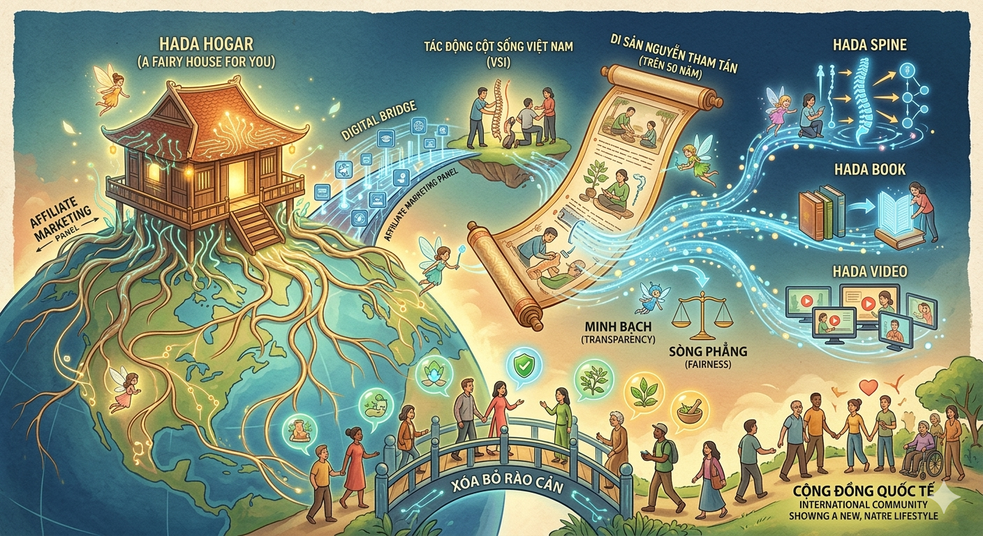 Hada Hogar digital ecosystem diagram showcasing the integration of Vietnamese Spinal Impact (VSI) heritage with Hada Spine, Hada Book, and Hada Video through a transparent navigation panel.