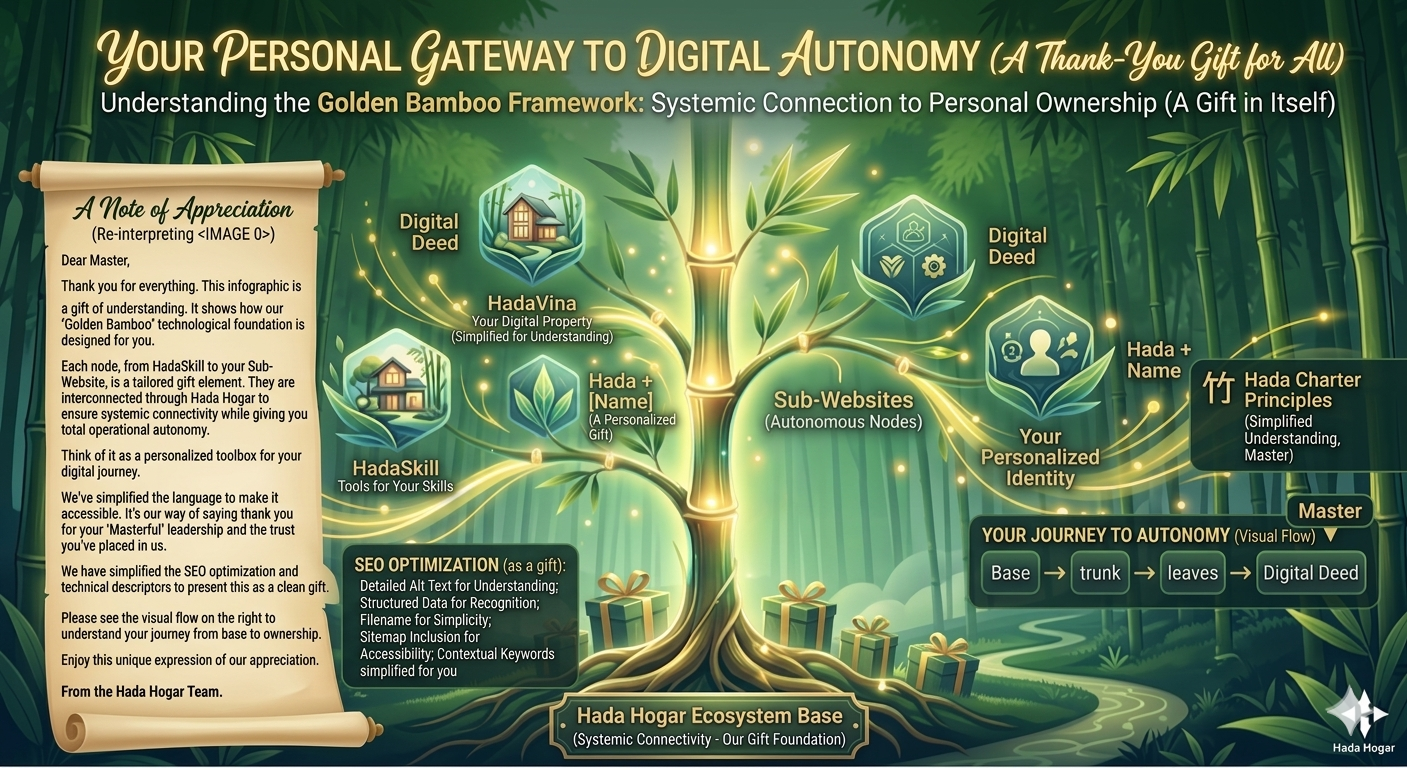 Infographic of Hada Hogar Golden Bamboo Framework showing the interlocking root network and infrastructure support for personal brand autonomy and digital growth.