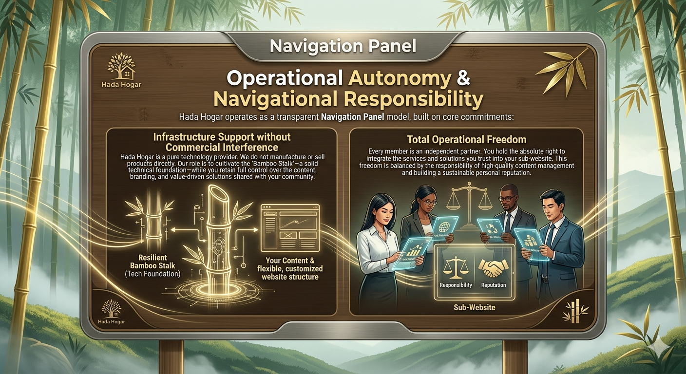 Hada Hogar Navigation Panel model: Showcasing the Resilient Bamboo Stalk tech foundation and total operational freedom for partners to build digital reputation.