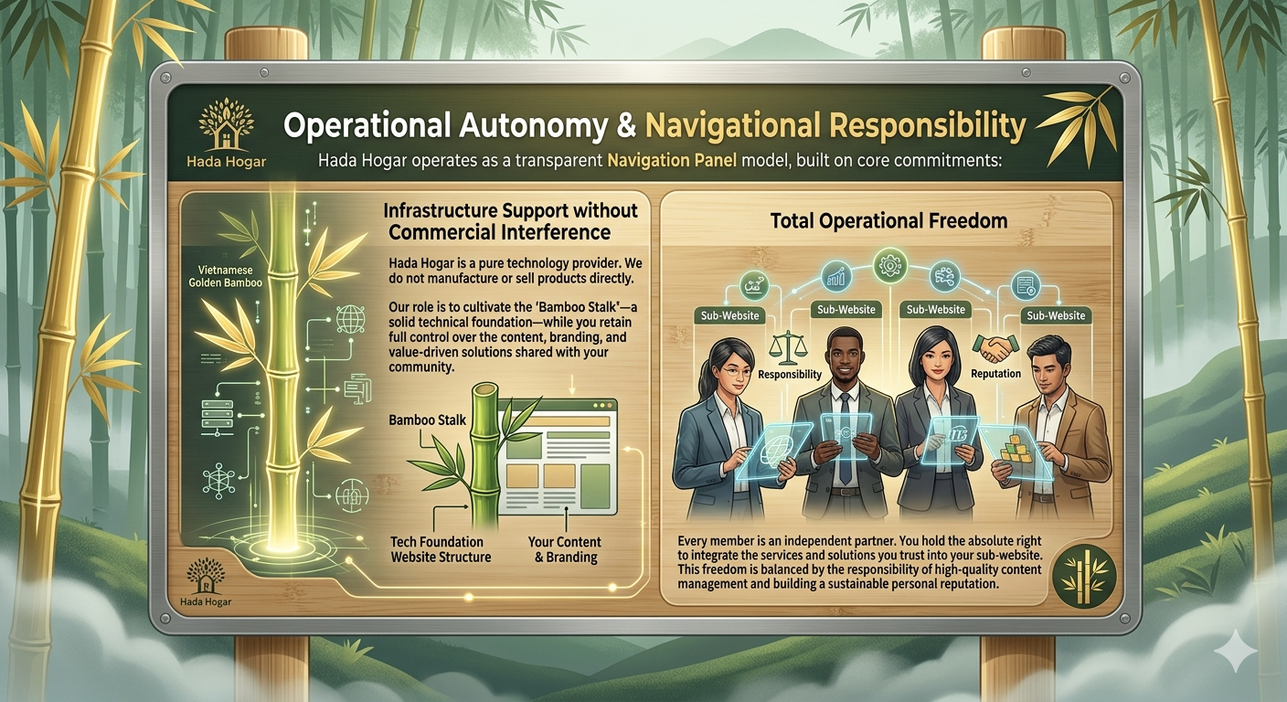 Operational Autonomy and Navigational Responsibility framework by Hada Hogar, showcasing pure technology infrastructure support and total operational freedom for sub-website partners.
