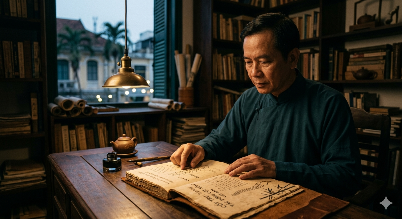 HadaSpine researching ancient documents on Vietnamese Spinal Impact and the Golden Bamboo ecosystem, symbolizing knowledge heritage and deep analysis at hadahogar.com.